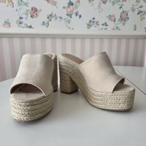 Y2K Platform Sandals Slides Raffia Faux Suede Block Heel Open Toe 38 8 Beige